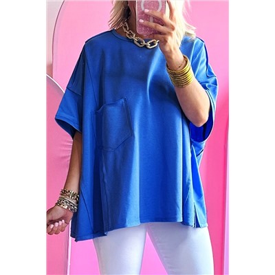 Blue Patched Pocket Exposed Seam Oversize T-shirt