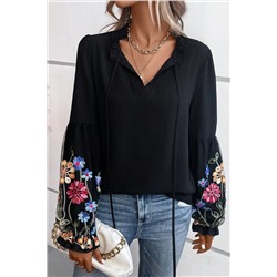 Black Floral Patched Flounce Sleeve Split Neck Blouse