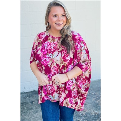 Red Floral Print Short Sleeve Plus Size Blouse