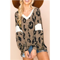 Multicolor Contrast V Neck Drop Shoulder Leopard Top