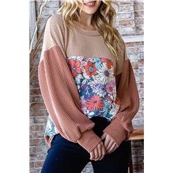 Printed Floral Contrast Colorblock Ribbed Top