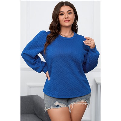 Dark Blue Cable Pattern Puff Sleeve Plus Size Top