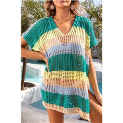 Skobeloff Striped Hollow Out Knit V Neck Tunic Cover Up