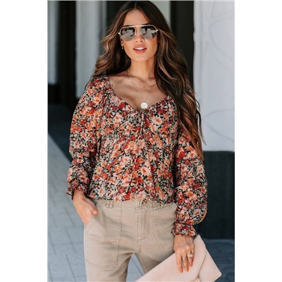 Orange Floral Flounce Sleeve Front Tie Sweetheart Neck Blouse