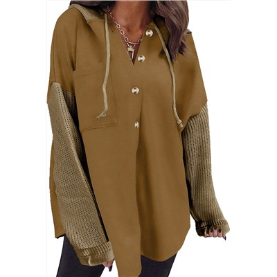 Brown Button Up Contrast Knitted Sleeves Hooded Jacket