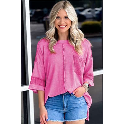 Bright Pink Oversized Mineral Wash Textured Bracelet Sleeve Top