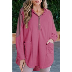 Rose Patchwork Side Pockets Oversized Henley Hoodie