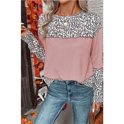 Light Pink Leopard Print Waffle Knit Patchwork Top