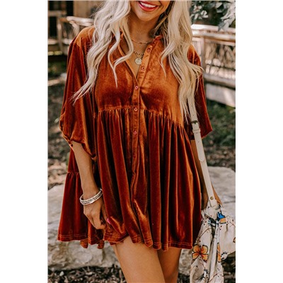 Chestnut 3/4 Sleeve Tunic Babydoll Velvet Shirt