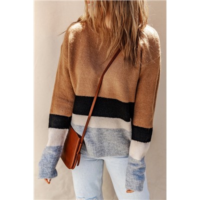 Brown Color Block Striped Ribbed Knit Sweater