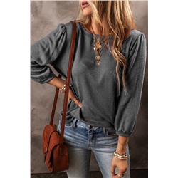 Medium Grey Solid Color 3/4 Sleeve Round Neck Blouse