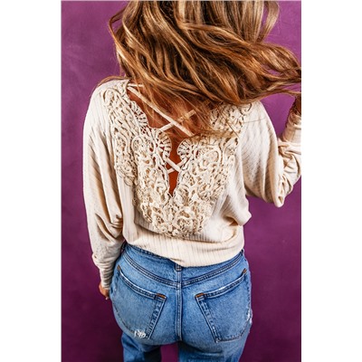 Oatmeal Lace-up Crochet Open Back Ribbed Top