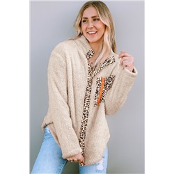 Apricot Leopard Patched Zipped Pocket Fleece Jacket