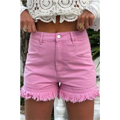 Pink Frayed Edge Mid Rise Denim Shorts