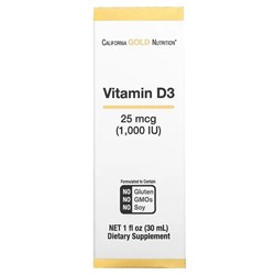 California Gold Nutrition, витамин D, 25 мкг (1000 МЕ), 30 мл (1 жидк. унция)