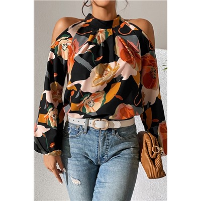 Black Floral Print Cold Shoulder Lantern Sleeve Blouse