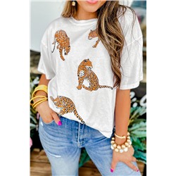 White Leopard Print Drop Shoulder Casual T Shirt