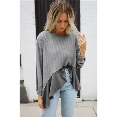 Medium Grey Waffle Long Sleeve Ruffled Patchwork Top