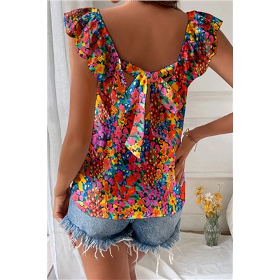 Multicolour Floral Print Cap Sleeve Square Neck Back Knot Blouse