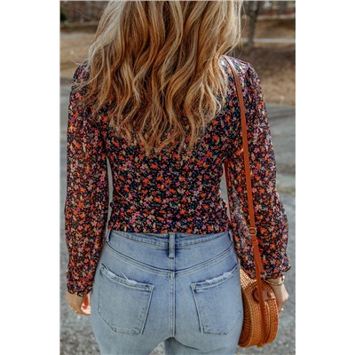 Black  V Neck Bubble Sleeve Floral Blouse