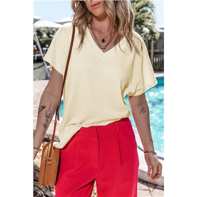 Apricot Crinkled V Neck Wide Sleeve T-shirt