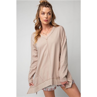 Apricot Exposed Seam V Neck Split Hem Tunic Top