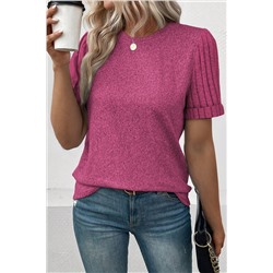 Bright Pink Ribbed Splicing Sleeve Round Neck T-shirt