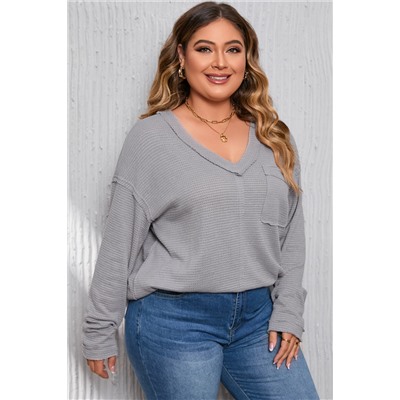 Gray Plus Size V Neck Raw Edge Long Sleeve Top