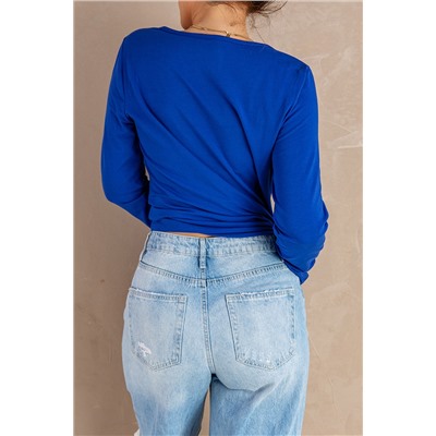 Blue Solid Cut-out Long Sleeve Top