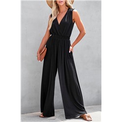 Black Deep V Pleated Crisscross Wide Leg Backless Jumpsuit