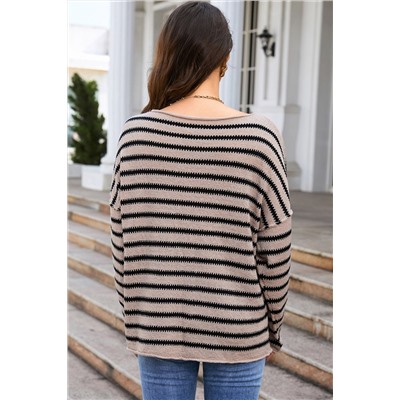 Striped Print Dropped Shoulder Loose Sleeve Sweater